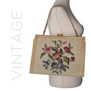 LG Vintage 50-60s Leather & Needlepoint Floral Tapestry Handbag by Elsie Tu